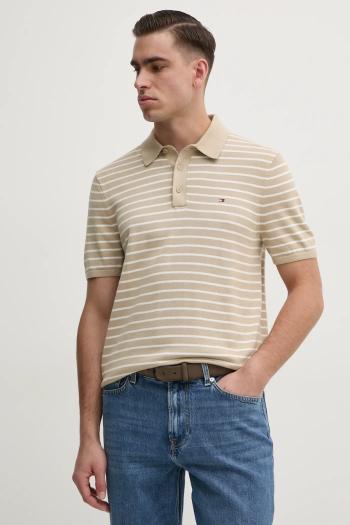 Bavlnené polo tričko Tommy Hilfiger pánsky, béžová farba, vzorovaný, MW0MW37396