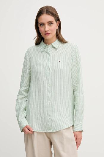 Ľanová košeľa Tommy Hilfiger zelená farba, voľný strih, s klasickým golierom, WW0WW44679