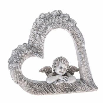 Dekorácia srdca s anjelom, šedá, polyresin, 14,5 x 13,5 x 4 cm