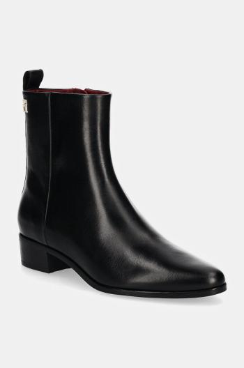 Kožené členkové topánky Tommy Hilfiger LOW COWBOY FLAT LEATHER dámske, čierna farba, na plochom podpätku, FW0FW08103