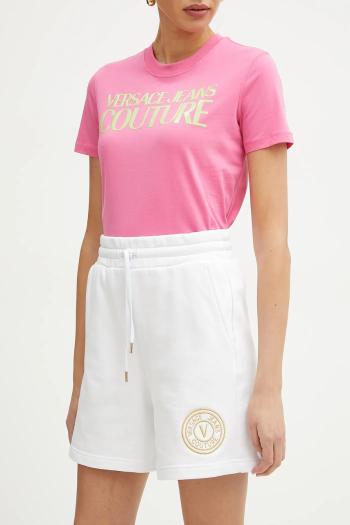 Bavlnené šortky Versace Jeans Couture dámske, biela farba, s nášivkou, vysoký pás, 78HADT00 CF01T
