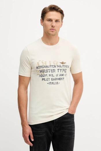 Bavlnené tričko Aeronautica Militare pánske, béžová farba, s potlačou, TS2479UJ00641