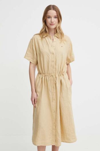 Ľanové šaty Tommy Hilfiger béžová farba, midi, áčkový strih, WW0WW41911