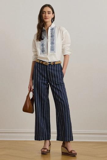 Nohavice s prímesou ľanu Lauren Ralph Lauren tmavomodrá farba, široké, vysoký pás, 200978536