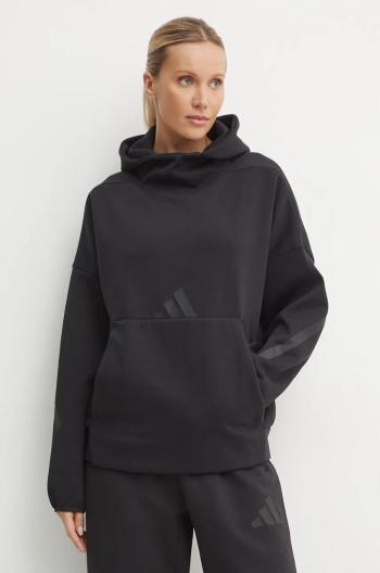 Mikina adidas ZNE dámska, čierna farba, s kapucňou, s potlačou, JE7860