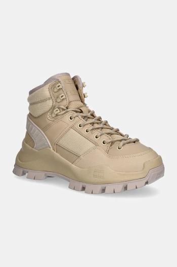 Členkové topánky Tommy Jeans TJW FEMININE HYBRID BOOT béžová farba, na plochom podpätku, EN0EN02553