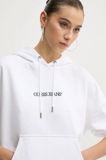 Bavlnená mikina Guess Jeans dámska, biela farba, s kapucňou, s nášivkou, W5RQ27 K68I4