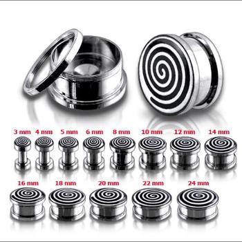 Tunel plug do ucha z chirurgickej ocele, čierno-biela špirála - Hrúbka: 3 mm