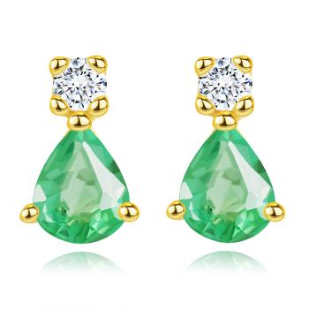 Náušnice zo žltého 14K zlata - slzičkový zelený smaragd, okrúhly číry diamant