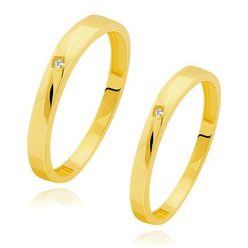 Zlaté obrúčky v žltom 14K zlate - šikmá skosená línia, číry zirkón - Veľkosť: 49 mm