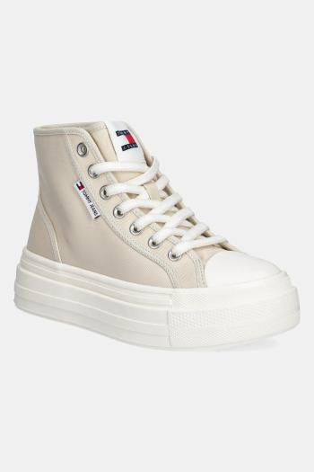 Tenisky Tommy Jeans TJW FOXING FLATFORM SNEAKER HIGH dámske, béžová farba, EN0EN02704
