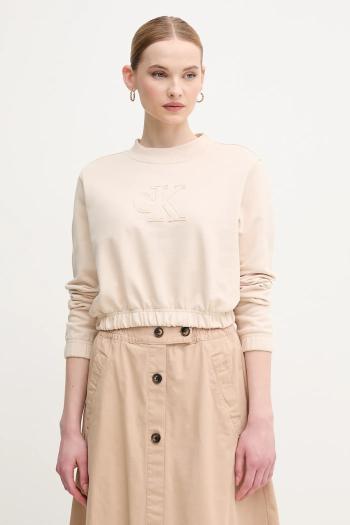 Bavlnená mikina Calvin Klein Jeans dámska, béžová farba, s nášivkou, J20J225363