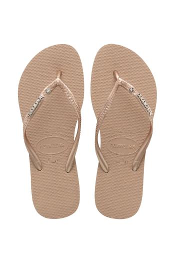 Šľapky Havaianas SLIM METAL LOGO AND CRYSTAL dámske, béžová farba, na plochom podpätku, 4129769-3581