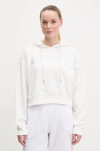Bavlnená mikina Guess PRIMULA dámska, biela farba, s kapucňou, s nášivkou, V5GQ09 KCRP0