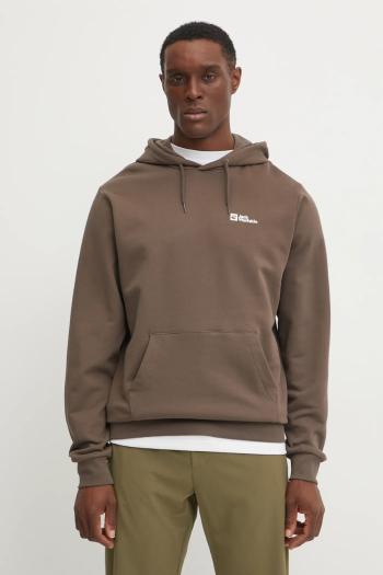 Bavlnená mikina Jack Wolfskin Essential pánska, hnedá farba, s kapucňou, s potlačou, A63872