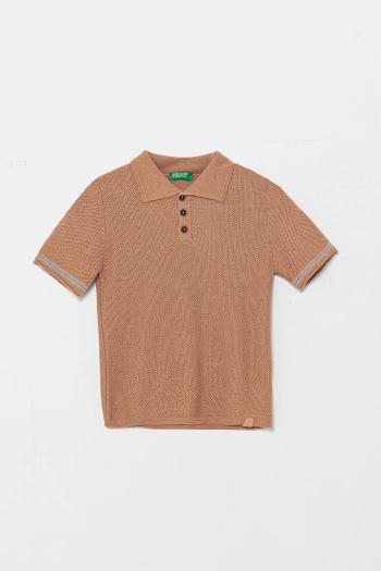 Detské polo tričko s prímesou ľanu United Colors of Benetton hnedá farba, jednofarebné, 104NH3001
