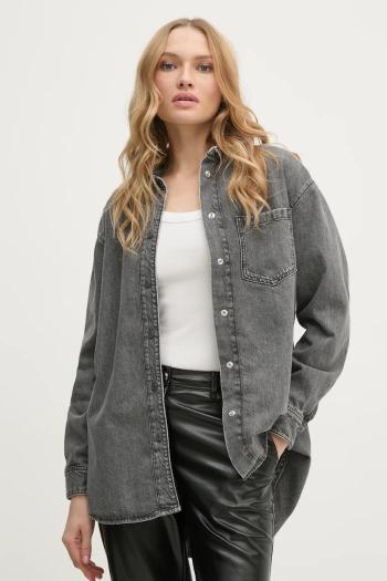 Rifľová košeľa Pepe Jeans OVERSHIRT dámska, šedá farba, voľný strih, s klasickým golierom, PL304963UM9