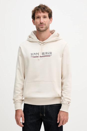 Bavlnená mikina Tommy Hilfiger béžová farba, s kapucňou, s potlačou, MW0MW40534