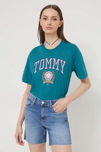 Bavlnené tričko Tommy Jeans dámsky,zelená farba,DW0DW17824