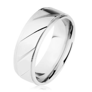 Prsteň z ocele 316L, vyvýšený pás zdobený šikmými zárezmi, strieborná farba - Veľkosť: 62 mm