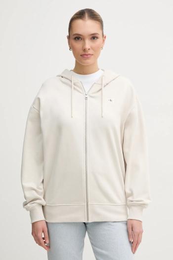 Bavlnená mikina Calvin Klein Jeans dámska, béžová farba, s kapucňou, jednofarebná, J20J225367