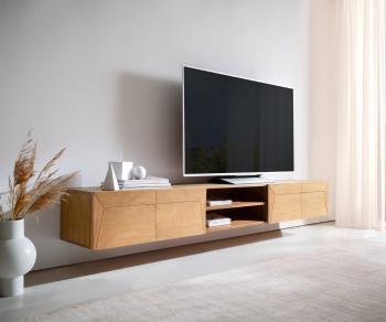 TV stolík Kayu 240 cm akácia prírodná 4 dvierka závesné