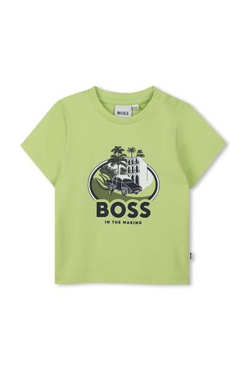 Detské bavlnené tričko BOSS zelená farba, s potlačou, J52110