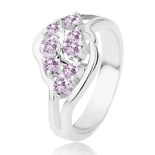 Ligotavý prsteň s rozdelenými ramenami, fialové okrúhle zirkóniky - Veľkosť: 51 mm