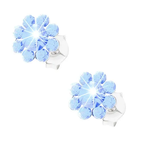 Puzetové náušnice, striebro 925, svetlomodrý ligotavý kvietok
