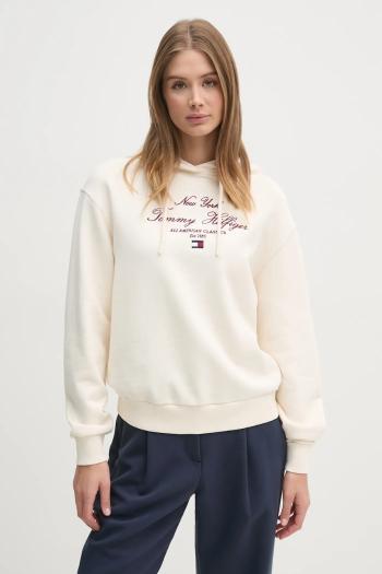Bavlnená mikina Tommy Hilfiger dámska, béžová farba, s kapucňou, s nášivkou, WW0WW43842