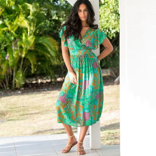 Krepónové midi šaty s potlačou a zavinovacím výstrihom