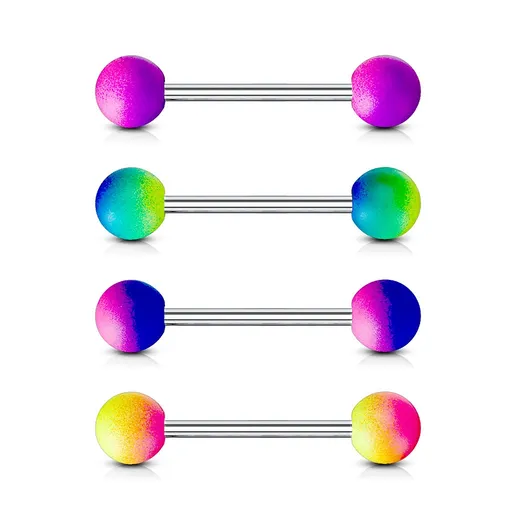 Piercing z ocele 316L do jazyka - činka s dvojfarebnými pogumovanými guličkami - Farba piercing: Ružová - Žltá