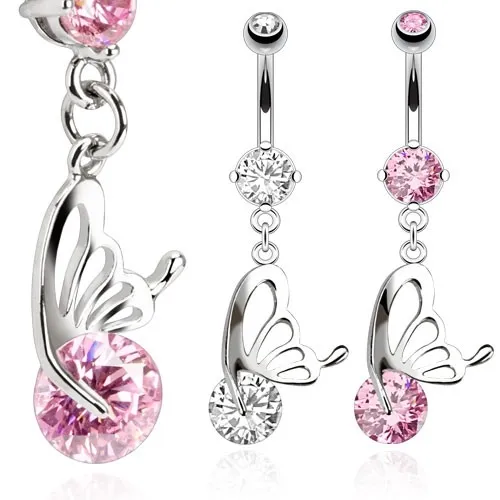 Piercing do pupku z ocele 316L, vyrezávané krídlo motýľa, zirkóny - Farba zirkónu: Číra - C