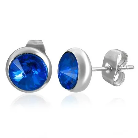 Okrúhle náušnice z ocele - tmavomodrý mesačný kameň, puzetky