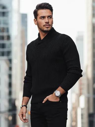 Pánsky čierny sveter s šálovým golierom WX2256z