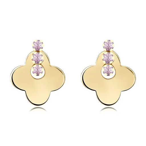 Zlaté náušnice 14K štvorlístok s ružovými zirkónmi