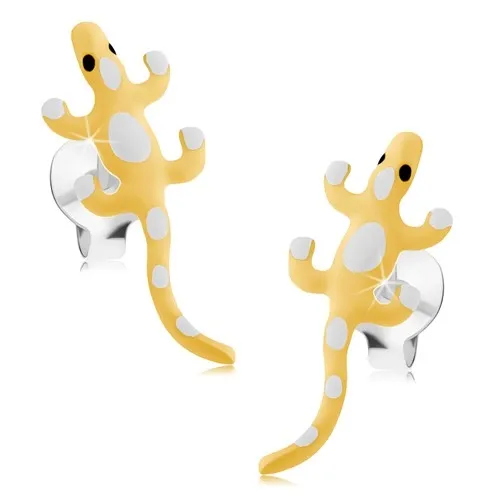 Puzetové náušnice, striebro 925, žltá jašterička s bielymi bodkami, glazúra