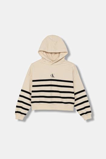 Detská bavlnená mikina Calvin Klein Jeans béžová farba, s kapucňou, vzorovaná, IG0IG02993