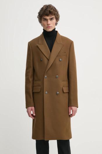 Vlnený kabát The Kooples hnedá farba, prechodný, dvojradový, HMAN29007K