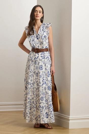 Bavlnené šaty Lauren Ralph Lauren biela farba, maxi, áčkový strih, 200973595