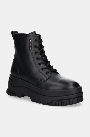 Kožené členkové topánky Tommy Jeans TJW LACE UP FLATFORM BOOT dámske, čierna farba, na platforme, EN0EN02665