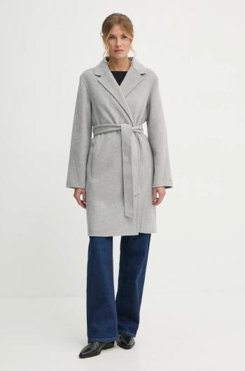 Vlnený kabát Tommy Hilfiger šedá farba, prechodný, oversize, WW0WW43603