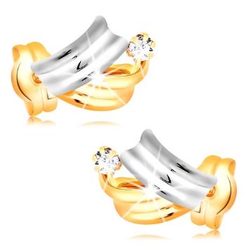 Briliantové zlaté náušnice 14K - lesklé dvojfarebné oblúky, číry okrúhly diamant