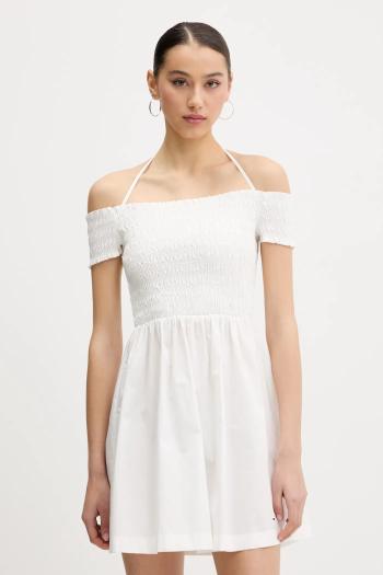 Bavlnené šaty Tommy Jeans biela farba, mini, áčkový strih, DW0DW20343