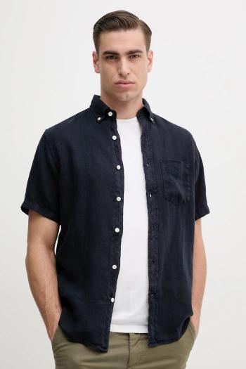 Ľanová košeľa Gant tmavomodrá farba, regular, s golierom button-down