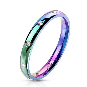 Prsteň z ocele v dúhovom odtieni - okrúhle zirkóniky čírej farby, 3 mm - Veľkosť: 62 mm