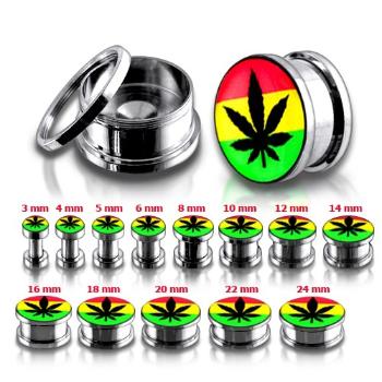 Oceľový tunel plug do ucha, marihuana a rasta farby - Hrúbka: 3 mm