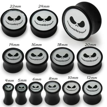 Čierny tunel plug do ucha, biela tvár ducha so zošitými ústami - Hrúbka: 6 mm 
