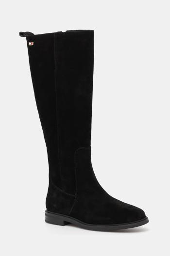Semišové čižmy Tommy Hilfiger FLAG SUEDE LONG BOOT ZIP dámske, čierna farba, na plochom podpätku, FW0FW08178