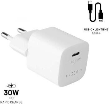 Töltő adapter FIXED PD Rapid Charge Mini USB-C kimenettel és USB-C/Lightning kábellel, PD 1,2 m MFI 30 W fehér